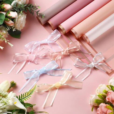 Outus 106 Pcs Valentines Pink Flower Wrapping Paper with Ribbon Waterproof Floral Wrapping Paper Frosted Packaging for Valentine's Day Wedding Birthday Anniversary Decoration in Saudi Arabia
