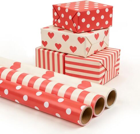 Valentines Day Wrapping Paper Rolls, 3PC Gift Wrap Set with Hearts, Stripes, and Polka Dots, 17 x 200 inch Each, Elegant Red and Yellow Designs for Wedding, Anniversary, Bridal or Baby Shower Gifts in Saudi Arabia
