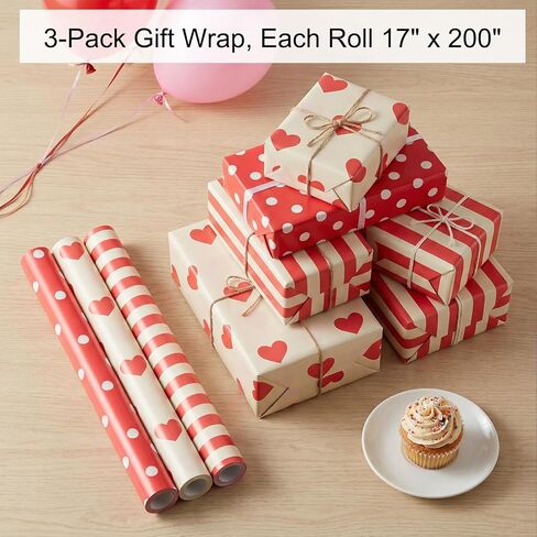 Valentines Day Wrapping Paper Rolls, 3PC Gift Wrap Set with Hearts, Stripes, and Polka Dots, 17 x 200 inch Each, Elegant Red and Yellow Designs for Wedding, Anniversary, Bridal or Baby Shower Gifts in Saudi Arabia