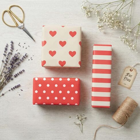 Valentines Day Wrapping Paper Rolls, 3PC Gift Wrap Set with Hearts, Stripes, and Polka Dots, 17 x 200 inch Each, Elegant Red and Yellow Designs for Wedding, Anniversary, Bridal or Baby Shower Gifts in Saudi Arabia