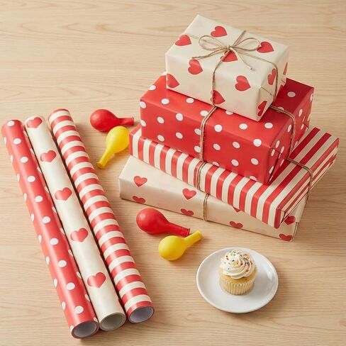 Valentines Day Wrapping Paper Rolls, 3PC Gift Wrap Set with Hearts, Stripes, and Polka Dots, 17 x 200 inch Each, Elegant Red and Yellow Designs for Wedding, Anniversary, Bridal or Baby Shower Gifts in Saudi Arabia