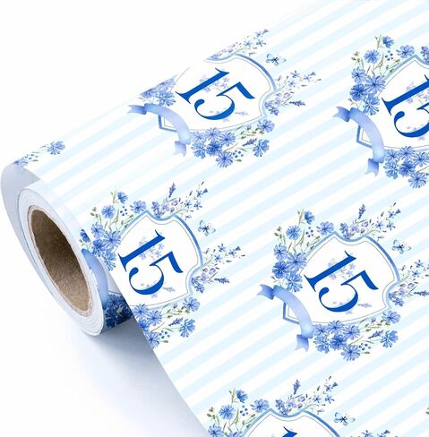 لفة ورق تغليف عيد الميلاد السادس عشر من WRAPAHOLIC - لفة صغيرة - 17 بوصة × 16.5 قدم - ورق تغليف زهور زرقاء مخططة وألوان مائية لعيد ميلاد المراهقين، وحفلات الذكرى السنوية، وهدايا بارزة in Saudi Arabia