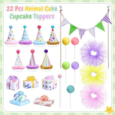 Weysat 22 Pcs Animal Birthday Party Decorations Animal Cake Cupcake Toppers with Mini Hat Gift Box Cake Flag Skirt Lollipop for Jungle Safari Dollhouse Themed Birthday Party Favor Supplies, No Animals in Saudi Arabia