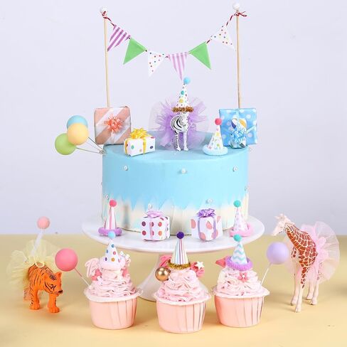 Weysat 22 Pcs Animal Birthday Party Decorations Animal Cake Cupcake Toppers with Mini Hat Gift Box Cake Flag Skirt Lollipop for Jungle Safari Dollhouse Themed Birthday Party Favor Supplies, No Animals in Saudi Arabia