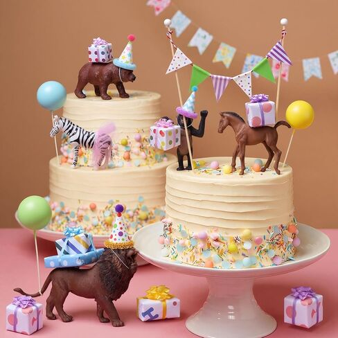 Weysat 22 Pcs Animal Birthday Party Decorations Animal Cake Cupcake Toppers with Mini Hat Gift Box Cake Flag Skirt Lollipop for Jungle Safari Dollhouse Themed Birthday Party Favor Supplies, No Animals in Saudi Arabia
