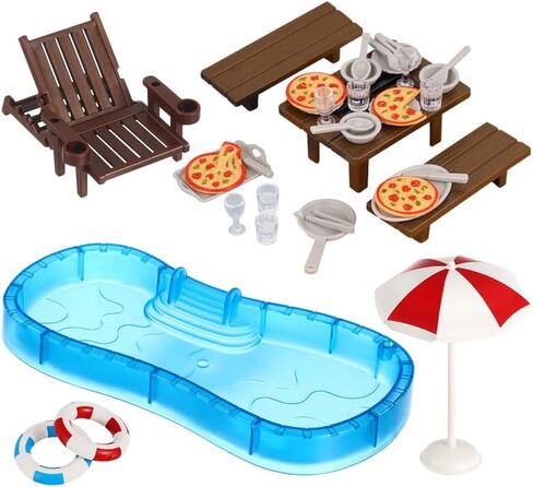 IMIKEYA Dollhouse Pool Set أثاث مصغر لديكور بيت الدمى وكرسي الشاطئ وحلقة سباحة سهلة التجميع in Saudi Arabia