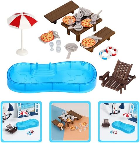 IMIKEYA Dollhouse Pool Set أثاث مصغر لديكور بيت الدمى وكرسي الشاطئ وحلقة سباحة سهلة التجميع in Saudi Arabia