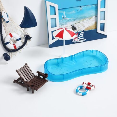 IMIKEYA Dollhouse Pool Set أثاث مصغر لديكور بيت الدمى وكرسي الشاطئ وحلقة سباحة سهلة التجميع in Saudi Arabia