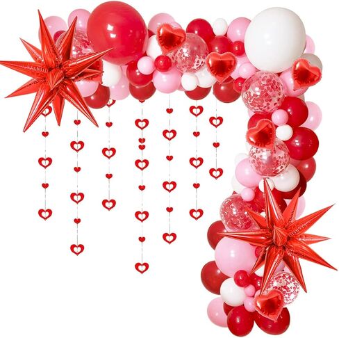 Valentines Balloon Arch Kit,Red Valentines Day Decor,Red Pink White Heart Balloon with Bling Bling Hanging Swirl for Sweetheart Wedding Bridal Shower Valentines Day Anniversary Engagement Party Decor in Saudi Arabia