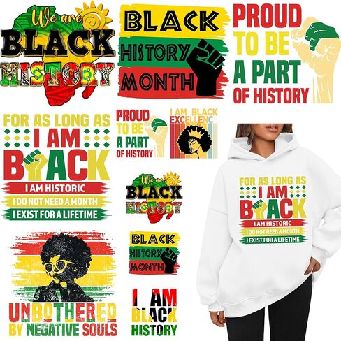 15 ورقة شهر التاريخ الأسود، حديد على الشارات، رقع نقل الحرارة للملابس، تي شيرت، ملصقات فينيل نقل حراري، تصميم قابل للغسل لتزيين الديكور بنفسك in Kuwait