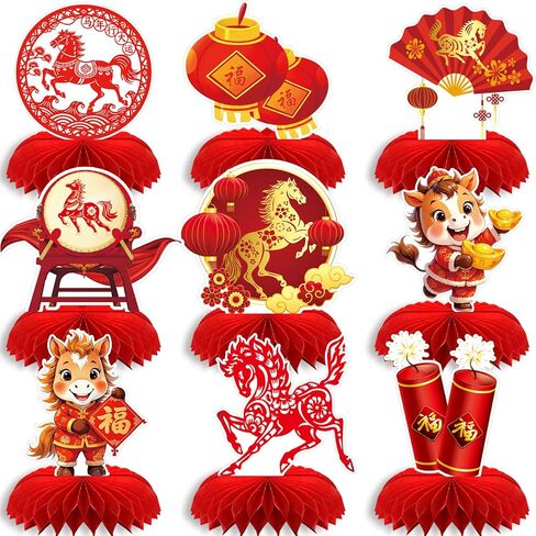 Chinese New Year Decorations,2026 Happy New Year Honeycomb Centerpieces,9 PCS Honeycomb Centerpieces Year of the Horse Table Toppers for Lunar New Year and Spring Festival Centerpieces in Saudi Arabia