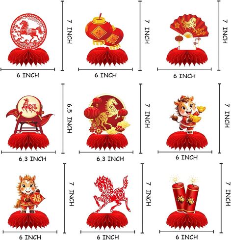 Chinese New Year Decorations,2026 Happy New Year Honeycomb Centerpieces,9 PCS Honeycomb Centerpieces Year of the Horse Table Toppers for Lunar New Year and Spring Festival Centerpieces in Saudi Arabia