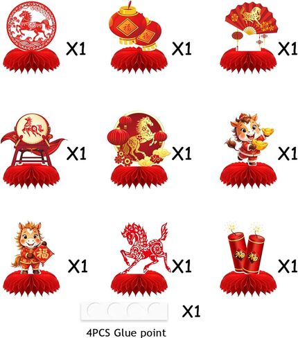 Chinese New Year Decorations,2026 Happy New Year Honeycomb Centerpieces,9 PCS Honeycomb Centerpieces Year of the Horse Table Toppers for Lunar New Year and Spring Festival Centerpieces in Saudi Arabia