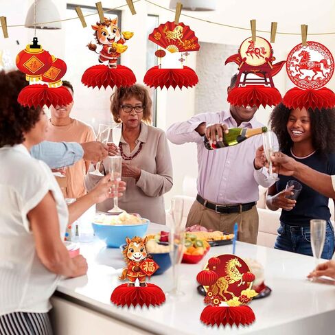 Chinese New Year Decorations,2026 Happy New Year Honeycomb Centerpieces,9 PCS Honeycomb Centerpieces Year of the Horse Table Toppers for Lunar New Year and Spring Festival Centerpieces in Saudi Arabia