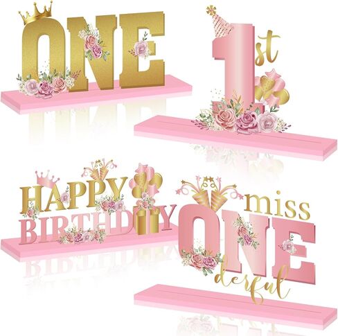 4Pcs Miss Onederful 1st Birthday Decoration Girl Pink Rose Gold 1st Party Wooden Table Sign Centerpiece Floral First Birthday Topper Sign Decor for Baby Girl Shower Birthday Party Supplies Celebration in Saudi Arabia