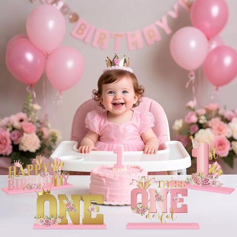 4Pcs Miss Onederful 1st Birthday Decoration Girl Pink Rose Gold 1st Party Wooden Table Sign Centerpiece Floral First Birthday Topper Sign Decor for Baby Girl Shower Birthday Party Supplies Celebration in Saudi Arabia