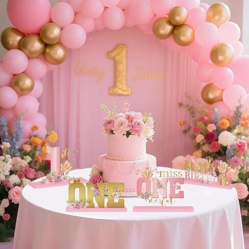 4Pcs Miss Onederful 1st Birthday Decoration Girl Pink Rose Gold 1st Party Wooden Table Sign Centerpiece Floral First Birthday Topper Sign Decor for Baby Girl Shower Birthday Party Supplies Celebration in Saudi Arabia