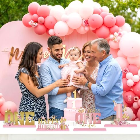 4Pcs Miss Onederful 1st Birthday Decoration Girl Pink Rose Gold 1st Party Wooden Table Sign Centerpiece Floral First Birthday Topper Sign Decor for Baby Girl Shower Birthday Party Supplies Celebration in Saudi Arabia