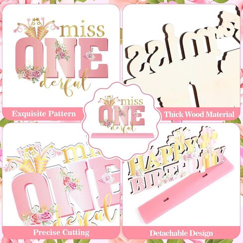 4Pcs Miss Onederful 1st Birthday Decoration Girl Pink Rose Gold 1st Party Wooden Table Sign Centerpiece Floral First Birthday Topper Sign Decor for Baby Girl Shower Birthday Party Supplies Celebration in Saudi Arabia