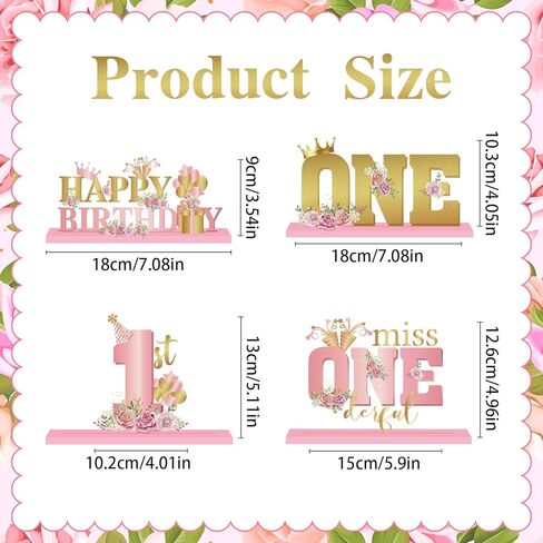 4Pcs Miss Onederful 1st Birthday Decoration Girl Pink Rose Gold 1st Party Wooden Table Sign Centerpiece Floral First Birthday Topper Sign Decor for Baby Girl Shower Birthday Party Supplies Celebration in Saudi Arabia