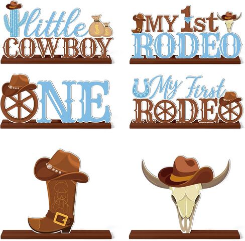 قطع مركزية خشبية من Haooryx My First Rodeo - 6 قطع من رعاة البقر باللون الأزرق وعلامة حرف واحد للطاولة قطعة مركزية لطاولة عيد الميلاد الأول لتزيين الحفلات للأولاد بعمر عام واحد وحفلات استقبال المولود الجديد in Saudi Arabia