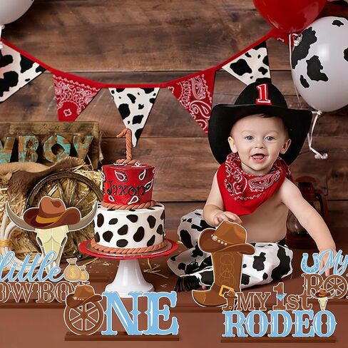 قطع مركزية خشبية من Haooryx My First Rodeo - 6 قطع من رعاة البقر باللون الأزرق وعلامة حرف واحد للطاولة قطعة مركزية لطاولة عيد الميلاد الأول لتزيين الحفلات للأولاد بعمر عام واحد وحفلات استقبال المولود الجديد in Saudi Arabia