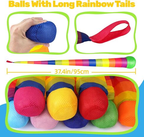 2 Pcs 8 Colors Throw and Catch Balls with Rainbow Tails, Outdoor Toys Bulk Playground Balls for Kids Adults, Physical Equipment Indoor Recess Games for Preschool, Camping Toys, 37" in Saudi Arabia