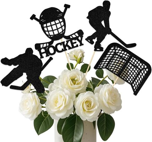 12PCS Ice Hockey Birthday Centerpiece Sticks Hockey Party Decorations Sports Theme Baby Shower Birthday Party Decoration Supplies Black Glitter in Saudi Arabia