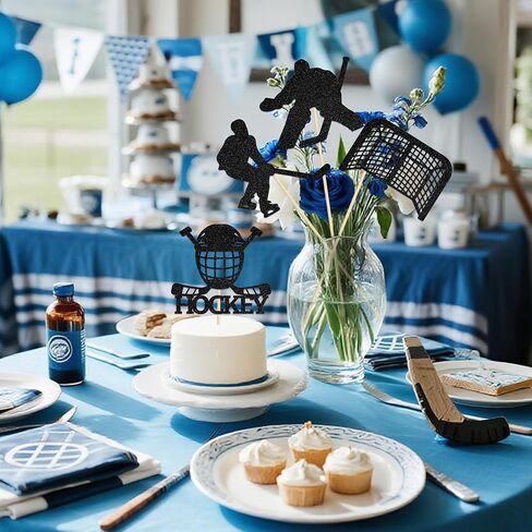 12PCS Ice Hockey Birthday Centerpiece Sticks Hockey Party Decorations Sports Theme Baby Shower Birthday Party Decoration Supplies Black Glitter in Saudi Arabia