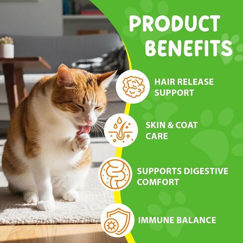 Hairball Relief for Cats, Natural Cat Hairball Treatment with Natural Ingredients & Vitamins - Kitten Furball Treatment, Supports Skin & Coat, Digestion, Immune Support for All Cats (1) in Kuwait