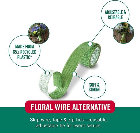 Velcro Brand Floral Ties, Reusable Bouquet Fastener & Floral Wire Alternative; Soft Stem‑Safe Hook & Loop for Florists, DIY Crafts & Bouquet Making Supplies; Cut‑to‑Length Roll, Green 25ft x 1/2in in Saudi Arabia