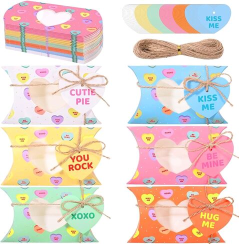 Sanixin 60 Pcs Valentine's Day Treat Boxes Valentines Conversation Pillow Boxes with Heart PVC Window and Cards Goodie Candy Container for Cookie Chocolate Sweets Wedding Birthday Party Supplies in Saudi Arabia