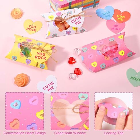 Sanixin 60 Pcs Valentine's Day Treat Boxes Valentines Conversation Pillow Boxes with Heart PVC Window and Cards Goodie Candy Container for Cookie Chocolate Sweets Wedding Birthday Party Supplies in Saudi Arabia