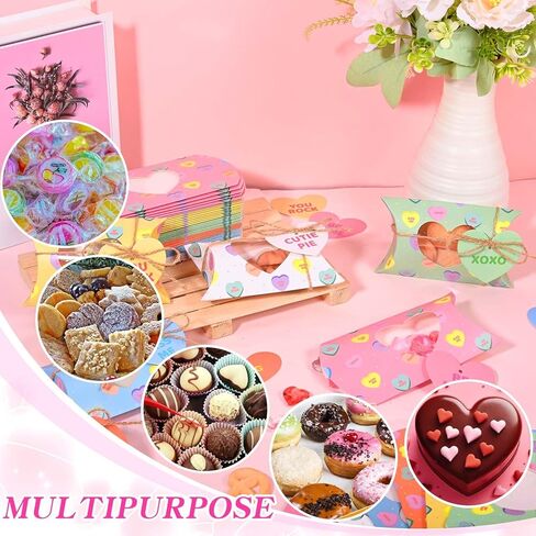 Sanixin 60 Pcs Valentine's Day Treat Boxes Valentines Conversation Pillow Boxes with Heart PVC Window and Cards Goodie Candy Container for Cookie Chocolate Sweets Wedding Birthday Party Supplies in Saudi Arabia