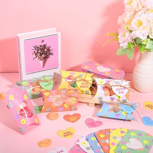Sanixin 60 Pcs Valentine's Day Treat Boxes Valentines Conversation Pillow Boxes with Heart PVC Window and Cards Goodie Candy Container for Cookie Chocolate Sweets Wedding Birthday Party Supplies in Saudi Arabia