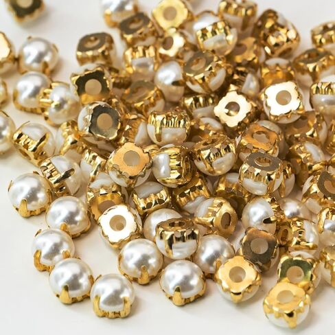 Sew on Semicircular Pearl for Wedding Dresses, 200 Pcs 8mm Flatback Rhinestones with Prong Setting, Round Sew-on Gems with Hole for DIY Bridal Gowns, Shoes, Costumes, Crafts (Gold Pearl) in Saudi Arabia