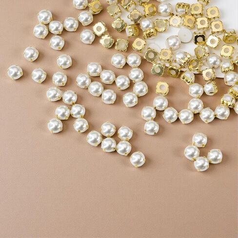 Sew on Semicircular Pearl for Wedding Dresses, 200 Pcs 8mm Flatback Rhinestones with Prong Setting, Round Sew-on Gems with Hole for DIY Bridal Gowns, Shoes, Costumes, Crafts (Gold Pearl) in Saudi Arabia