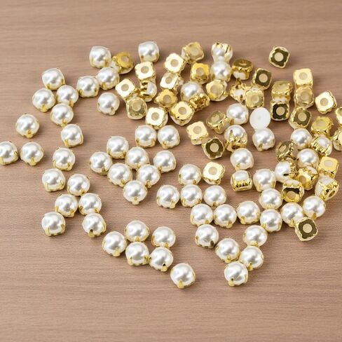 Sew on Semicircular Pearl for Wedding Dresses, 200 Pcs 8mm Flatback Rhinestones with Prong Setting, Round Sew-on Gems with Hole for DIY Bridal Gowns, Shoes, Costumes, Crafts (Gold Pearl) in Saudi Arabia