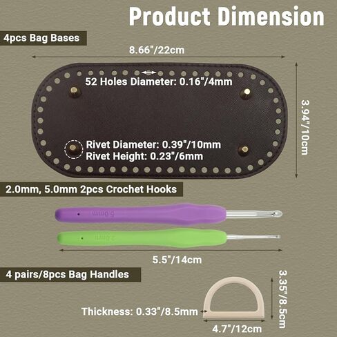 Luomorgo 4 Pcs Crochet Bag Bases Set with 8 Pcs D-Shape Handles - PU Leather Bottom & 2 Pcs Crochet Hooks for DIY Bag Making, Shoulder Bags & Crafts in Kuwait