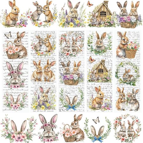 WANDIC 5 Sheets Rabbit Flowers Rub on Transfer Stickers Waterproof Vintage Bunny Transfer Decals Alphabet Background Stickers for Crafts Furniture DIY Crafts Decoration,10 * 30cm in Saudi Arabia