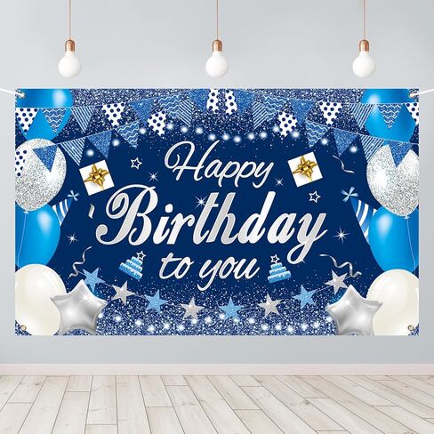Happy Birthday Backdrop Banner, 5.9x3.6ft Large Fabric Happy Birthday Decorations, Blue Silver Backdrop Background Banner for Birthday Party Decor in Saudi Arabia