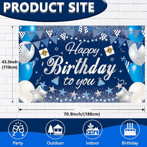 Happy Birthday Backdrop Banner, 5.9x3.6ft Large Fabric Happy Birthday Decorations, Blue Silver Backdrop Background Banner for Birthday Party Decor in Saudi Arabia