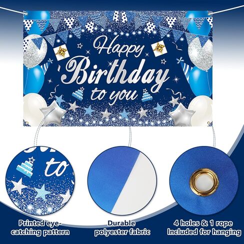 Happy Birthday Backdrop Banner, 5.9x3.6ft Large Fabric Happy Birthday Decorations, Blue Silver Backdrop Background Banner for Birthday Party Decor in Saudi Arabia