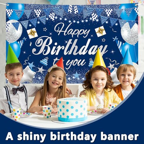 Happy Birthday Backdrop Banner, 5.9x3.6ft Large Fabric Happy Birthday Decorations, Blue Silver Backdrop Background Banner for Birthday Party Decor in Saudi Arabia