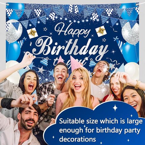 Happy Birthday Backdrop Banner, 5.9x3.6ft Large Fabric Happy Birthday Decorations, Blue Silver Backdrop Background Banner for Birthday Party Decor in Saudi Arabia