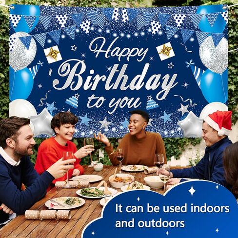Happy Birthday Backdrop Banner, 5.9x3.6ft Large Fabric Happy Birthday Decorations, Blue Silver Backdrop Background Banner for Birthday Party Decor in Saudi Arabia