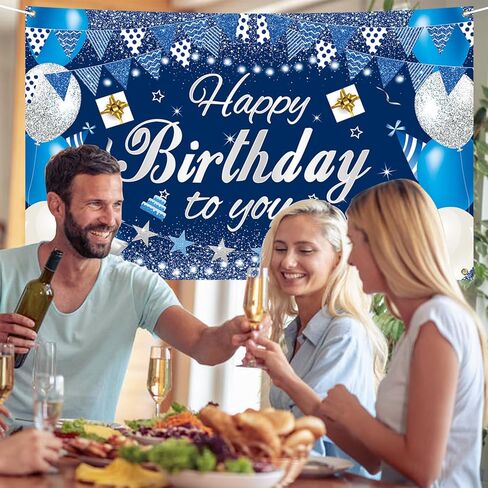 Happy Birthday Backdrop Banner, 5.9x3.6ft Large Fabric Happy Birthday Decorations, Blue Silver Backdrop Background Banner for Birthday Party Decor in Saudi Arabia
