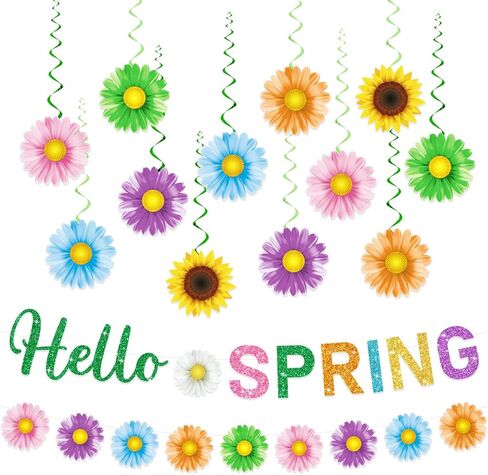 ديكورات حفلات الربيع، ديكور Hello Spring يتضمن قطعتين من لافتة Hello Spring و24 قطعة من زخارف الربيع المعلقة، وزخارف معلقة على شكل زهرة، وديكورات ربيعية للمكتب المنزلي والفصول الدراسية in Saudi Arabia