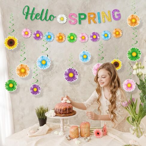 ديكورات حفلات الربيع، ديكور Hello Spring يتضمن قطعتين من لافتة Hello Spring و24 قطعة من زخارف الربيع المعلقة، وزخارف معلقة على شكل زهرة، وديكورات ربيعية للمكتب المنزلي والفصول الدراسية in Saudi Arabia