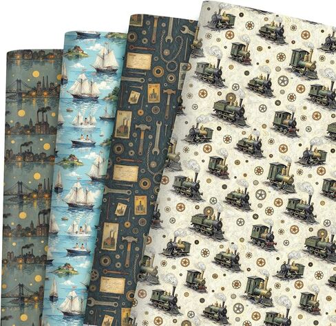 Pineraap 12 Sheets Retro Industrial Wrapping Paper, 20×28 In - Vintage Steam Engine Gift Wrap Paper for Men, Retro Classic Gears Ships Tools Pattern Industry Wrapping Papers for Birthday, DIY Crafts in Saudi Arabia
